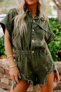 New Dear-Lover Distressed Frayed Denim Romper Moss Green