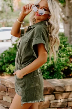 New Dear-Lover Distressed Frayed Denim Romper Moss Green
