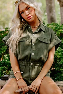 New Dear-Lover Distressed Frayed Denim Romper Moss Green
