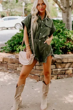 New Dear-Lover Distressed Frayed Denim Romper Moss Green