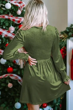 Clearance Dear-Lover Frilled Neck Smocked Bodice Velvet Dress Moss Green