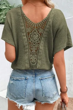 Sale Dear-Lover Guipure Lace Patch Textured T-shirt Moss Green