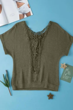 Sale Dear-Lover Guipure Lace Patch Textured T-shirt Moss Green