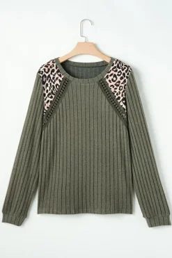 Sale Dear-Lover Leopard Print Crochet Patchwork Rib Textured Knit Top Moss Green