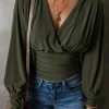 New Dear-Lover Ruched Wrap V Neck Long Sleeve Bodysuit Moss Green