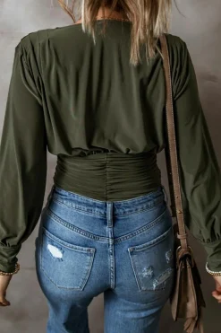 New Dear-Lover Ruched Wrap V Neck Long Sleeve Bodysuit Moss Green