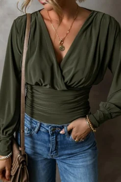 New Dear-Lover Ruched Wrap V Neck Long Sleeve Bodysuit Moss Green