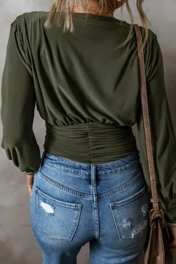New Dear-Lover Ruched Wrap V Neck Long Sleeve Bodysuit Moss Green