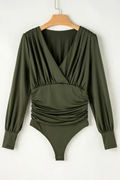 New Dear-Lover Ruched Wrap V Neck Long Sleeve Bodysuit Moss Green
