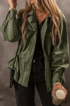 Sale Dear-Lover Snap Button Zipper Tight Waist Collared Jacket Moss Green