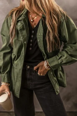 Sale Dear-Lover Snap Button Zipper Tight Waist Collared Jacket Moss Green