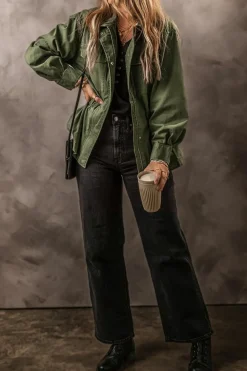 Sale Dear-Lover Snap Button Zipper Tight Waist Collared Jacket Moss Green