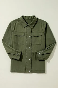 Sale Dear-Lover Snap Button Zipper Tight Waist Collared Jacket Moss Green
