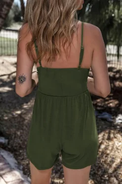 Online Dear-Lover Spaghetti Straps Cinched Waist Ribbed Romper Moss Green