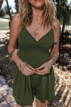 Online Dear-Lover Spaghetti Straps Cinched Waist Ribbed Romper Moss Green