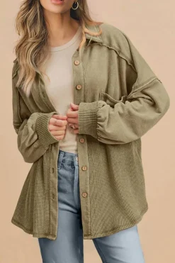 Clearance Dear-Lover Waffle Knit Patchwork Exposed Seam Loose Shacket Moss Green