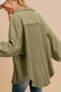 Clearance Dear-Lover Waffle Knit Patchwork Exposed Seam Loose Shacket Moss Green