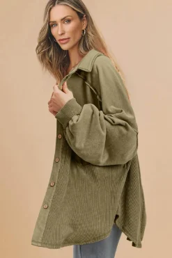 Clearance Dear-Lover Waffle Knit Patchwork Exposed Seam Loose Shacket Moss Green