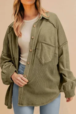 Clearance Dear-Lover Waffle Knit Patchwork Exposed Seam Loose Shacket Moss Green
