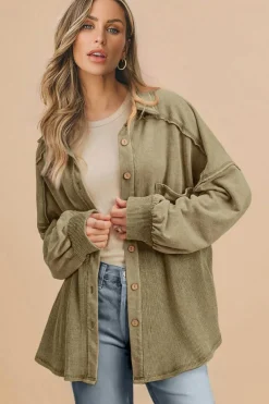 Clearance Dear-Lover Waffle Knit Patchwork Exposed Seam Loose Shacket Moss Green