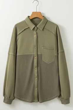 Clearance Dear-Lover Waffle Knit Patchwork Exposed Seam Loose Shacket Moss Green