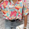 Online Dear-Lover Abstract Geometry Print Half Puff Sleeve Loose Shirt Multicolor