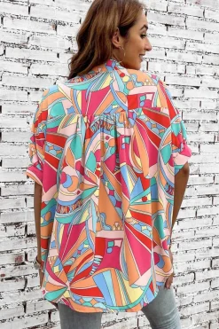 Online Dear-Lover Abstract Geometry Print Half Puff Sleeve Loose Shirt Multicolor