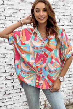 Online Dear-Lover Abstract Geometry Print Half Puff Sleeve Loose Shirt Multicolor