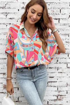 Online Dear-Lover Abstract Geometry Print Half Puff Sleeve Loose Shirt Multicolor