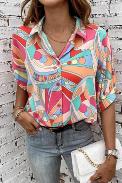 Online Dear-Lover Abstract Geometry Print Half Puff Sleeve Loose Shirt Multicolor
