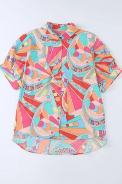 Online Dear-Lover Abstract Geometry Print Half Puff Sleeve Loose Shirt Multicolor