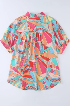 Online Dear-Lover Abstract Geometry Print Half Puff Sleeve Loose Shirt Multicolor
