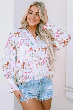 Clearance Dear-Lover Abstract Print Lantern Sleeve Casual Shirt Multicolor