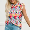 Discount Dear-Lover Abstract Print High Neck Flutter Sleeves Top Multicolor