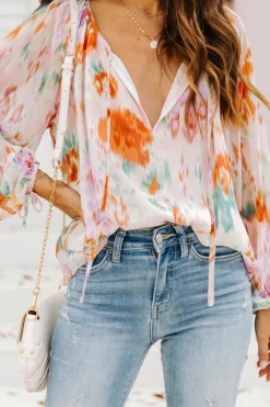 Online Dear-Lover Abstract Print Split Neck Puff Sleeve Blouse Multicolor