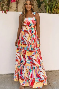 Online Dear-Lover Abstract Print Striped Trim Maxi Sundress Multicolor