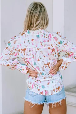 Clearance Dear-Lover Abstract Print Lantern Sleeve Casual Shirt Multicolor