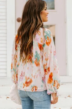 Online Dear-Lover Abstract Print Split Neck Puff Sleeve Blouse Multicolor