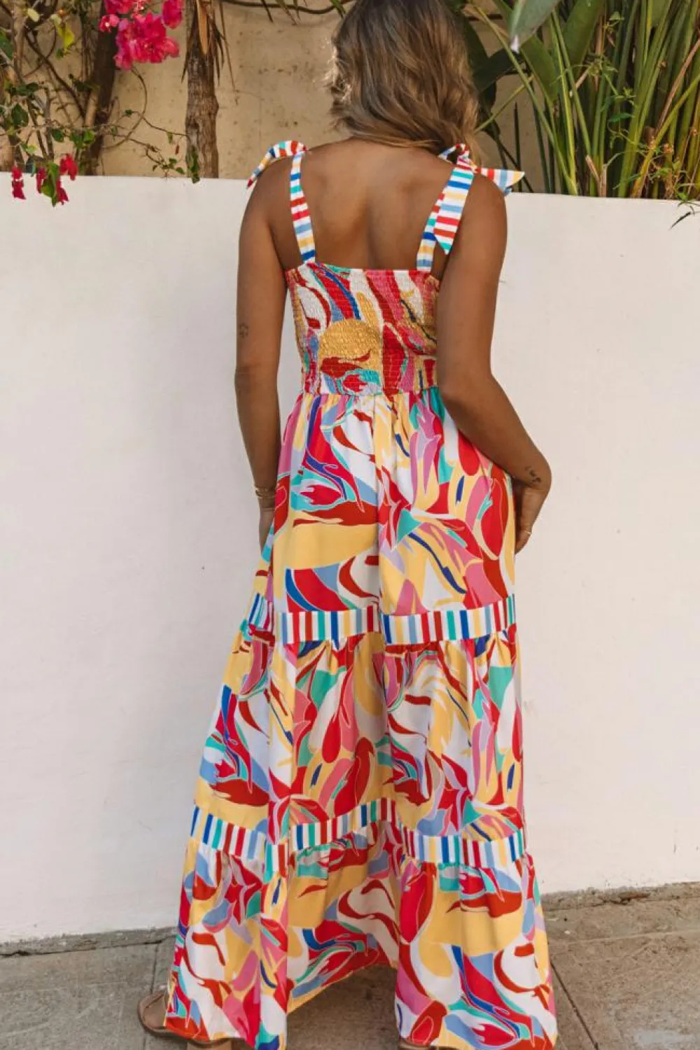Online Dear-Lover Abstract Print Striped Trim Maxi Sundress Multicolor