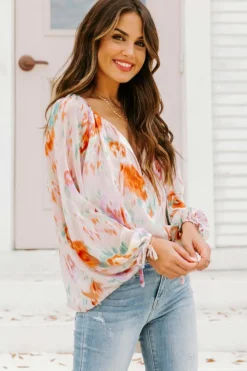 Online Dear-Lover Abstract Print Split Neck Puff Sleeve Blouse Multicolor