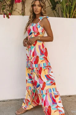 Online Dear-Lover Abstract Print Striped Trim Maxi Sundress Multicolor