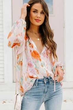 Online Dear-Lover Abstract Print Split Neck Puff Sleeve Blouse Multicolor