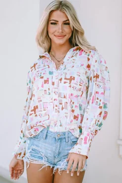 Clearance Dear-Lover Abstract Print Lantern Sleeve Casual Shirt Multicolor