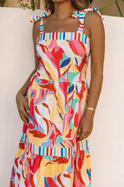Online Dear-Lover Abstract Print Striped Trim Maxi Sundress Multicolor