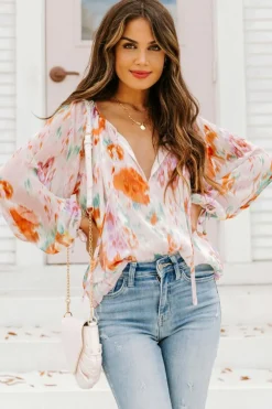 Online Dear-Lover Abstract Print Split Neck Puff Sleeve Blouse Multicolor