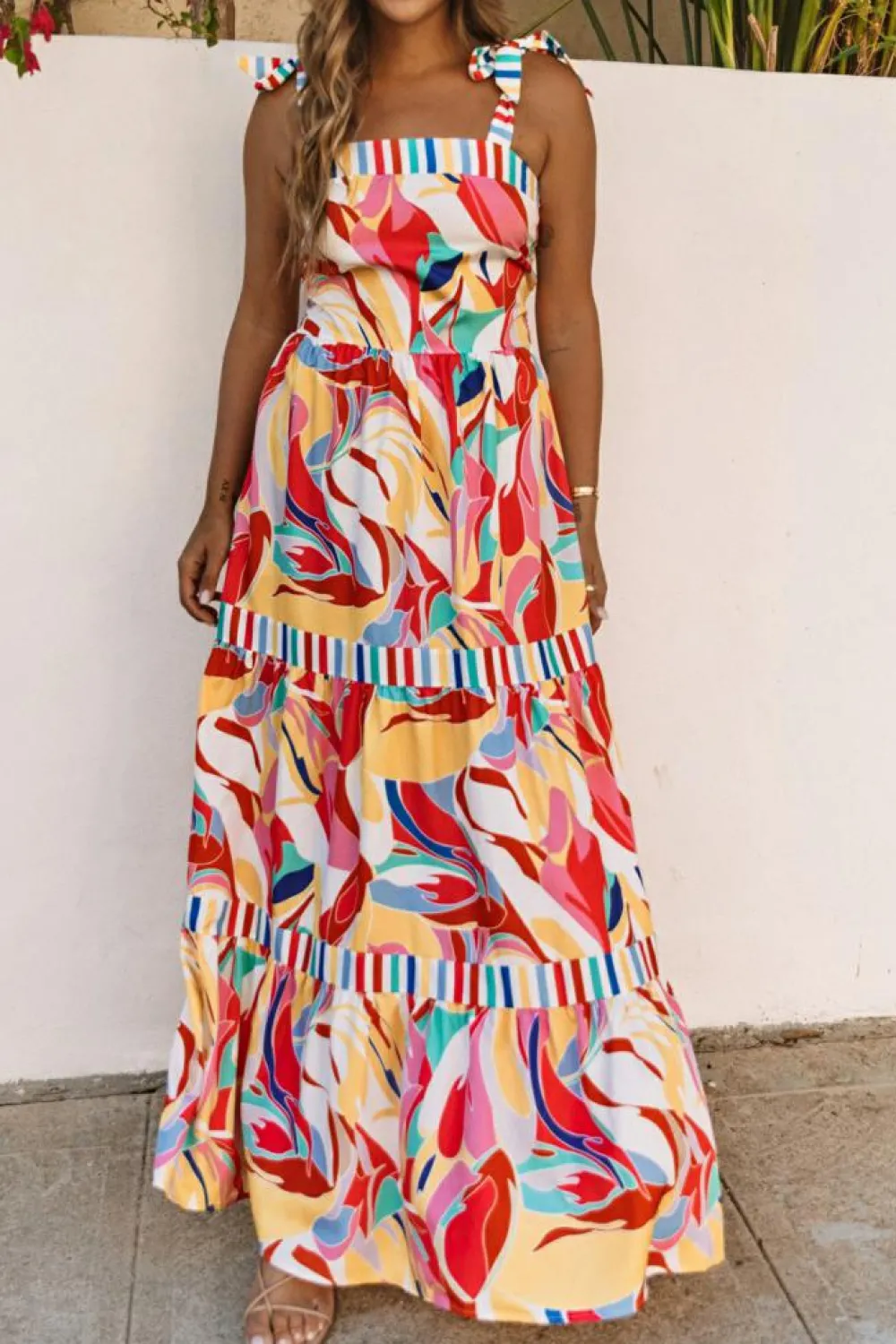 Online Dear-Lover Abstract Print Striped Trim Maxi Sundress Multicolor