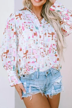 Clearance Dear-Lover Abstract Print Lantern Sleeve Casual Shirt Multicolor