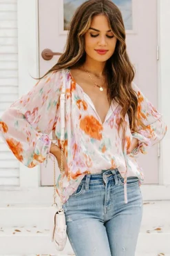 Online Dear-Lover Abstract Print Split Neck Puff Sleeve Blouse Multicolor