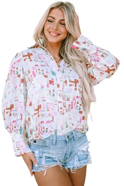 Clearance Dear-Lover Abstract Print Lantern Sleeve Casual Shirt Multicolor