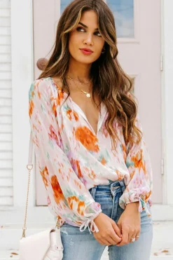 Online Dear-Lover Abstract Print Split Neck Puff Sleeve Blouse Multicolor